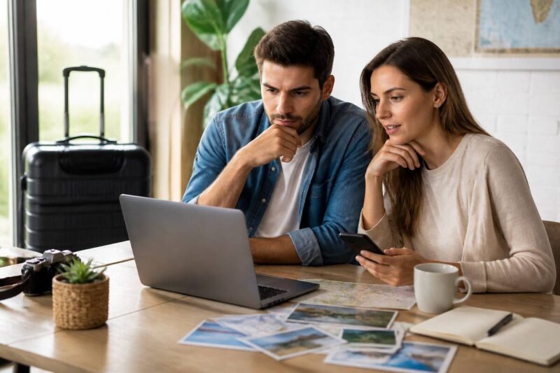 Stel dat vakantieopties vergelijkt op een laptop met papieren reistips op tafel