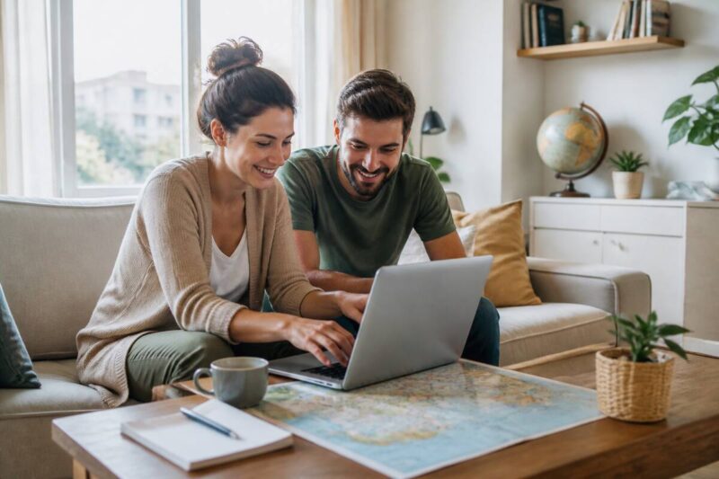 Gezin dat op een laptop vakantieopties vergelijkt en een checklist op papier heeft