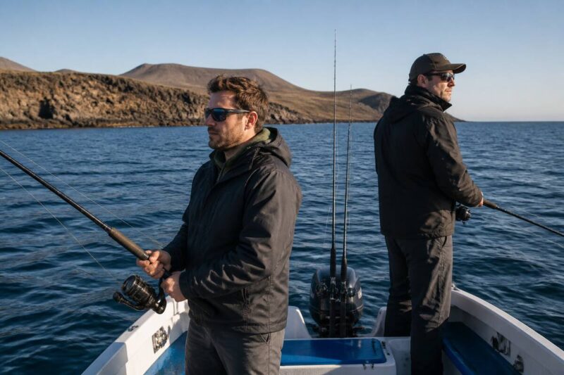 Voorbereide vissers op een boot op zee bij Lanzarote met hengels en winddichte kleding
