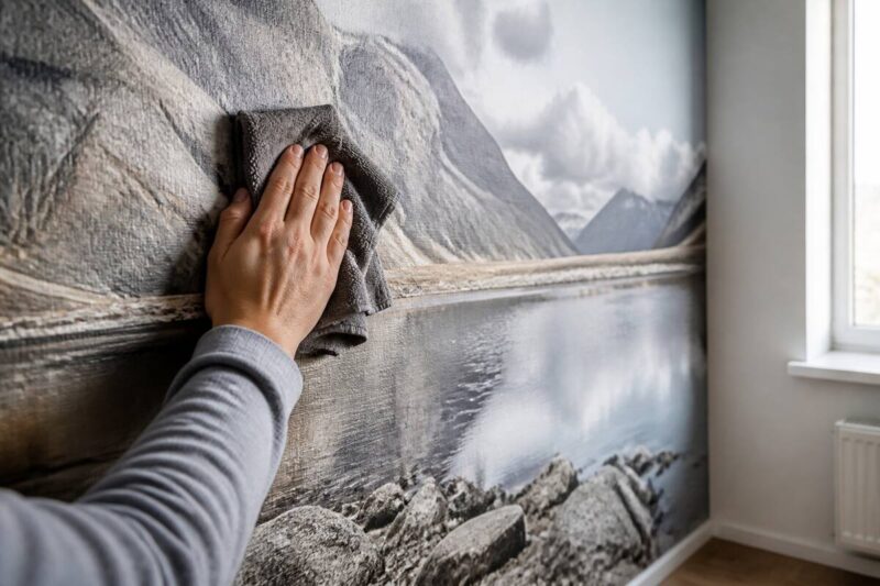 Iemand reinigt fotobehang voorzichtig met een microvezeldoek in een lichte woonkamer