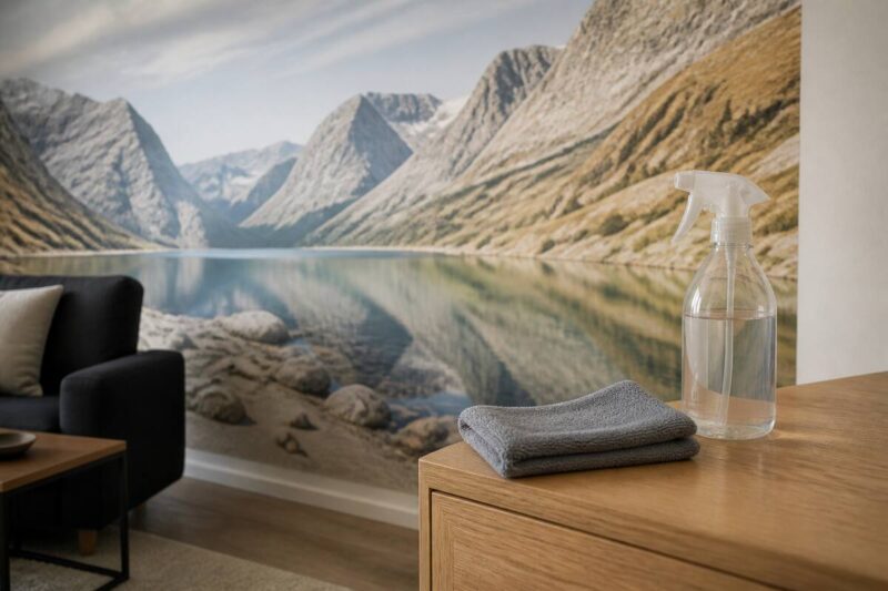 Een schone microfiberdoek naast fotobehang in een woonkamer, klaar om vlekken voorzichtig te verwijderen