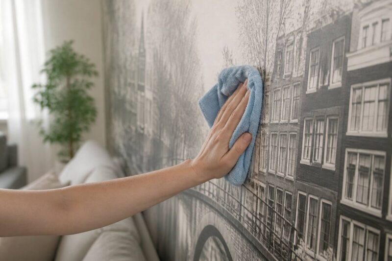 Iemand reinigt fotobehang voorzichtig met een microvezeldoek