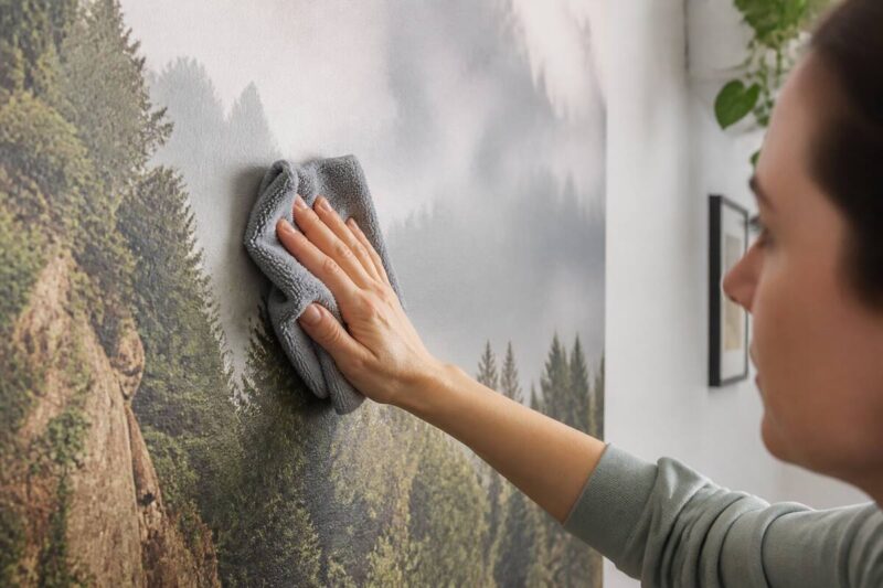 Iemand reinigt fotobehang met een zachte microvezeldoek