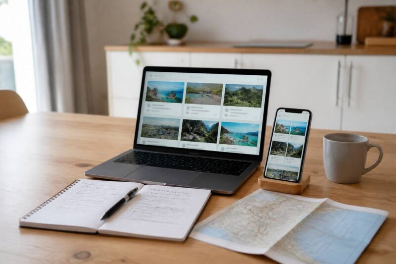 Laptop en smartphone aan tafel met reisnotities voor het vergelijken van vakanties