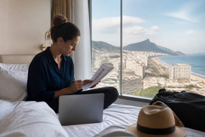 Iemand die een vakantiechecklist gebruikt om reizen en vakanties te vergelijken