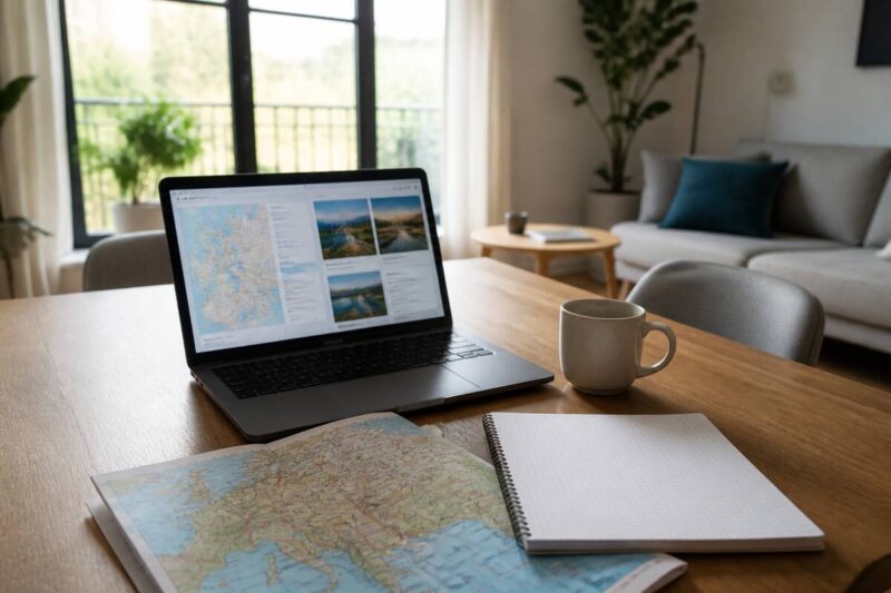Laptop met reisnotities op tafel voor het vergelijken van vakanties, zonder tekst in beeld.